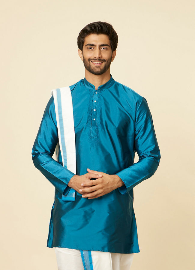 Teal Blue and Cream Zari Detailed Traditional South Indian Dhoti Set image number 0